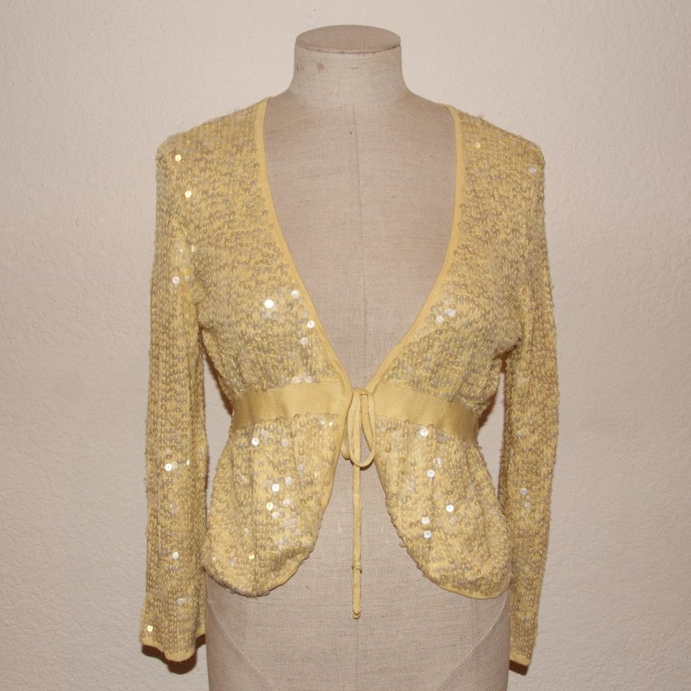BEBE Yellow Sequin Tie Cardigan Sweater L NEW NWT